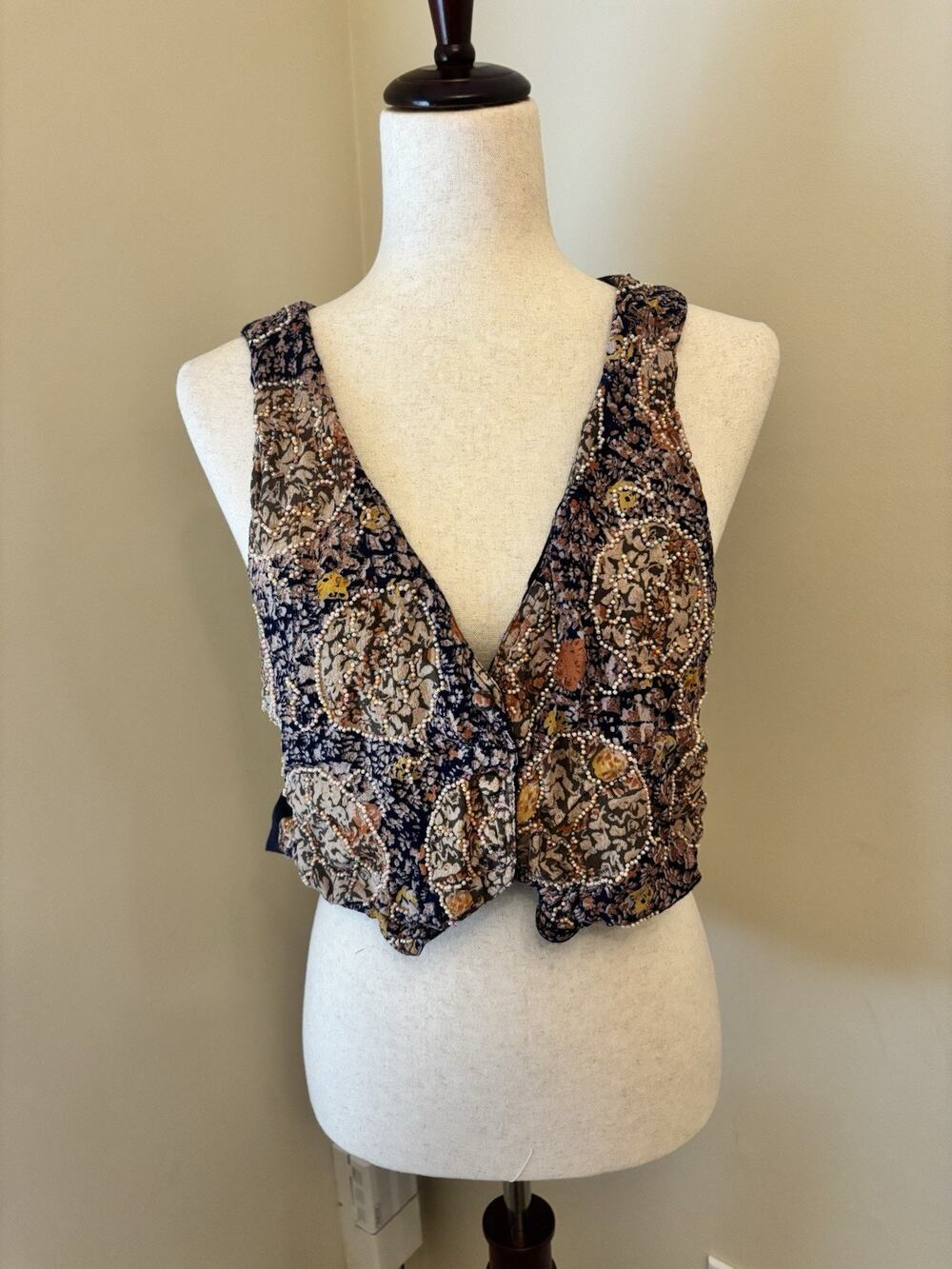 HG NY Womens S Vintage Vest Multicolor With Beading Boho Navy Tie Back